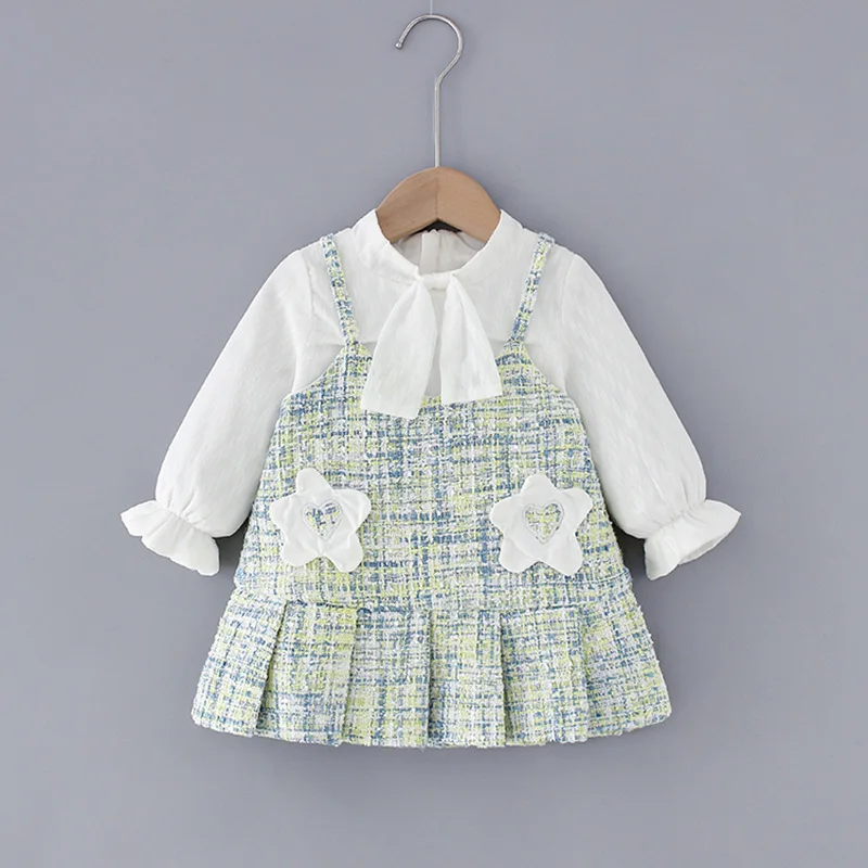 

Spring Autumn Baby Girls Infants Flower Ruffles Sweet Knit Patchwork Long Sleeve Dress For Girls Princess Kids