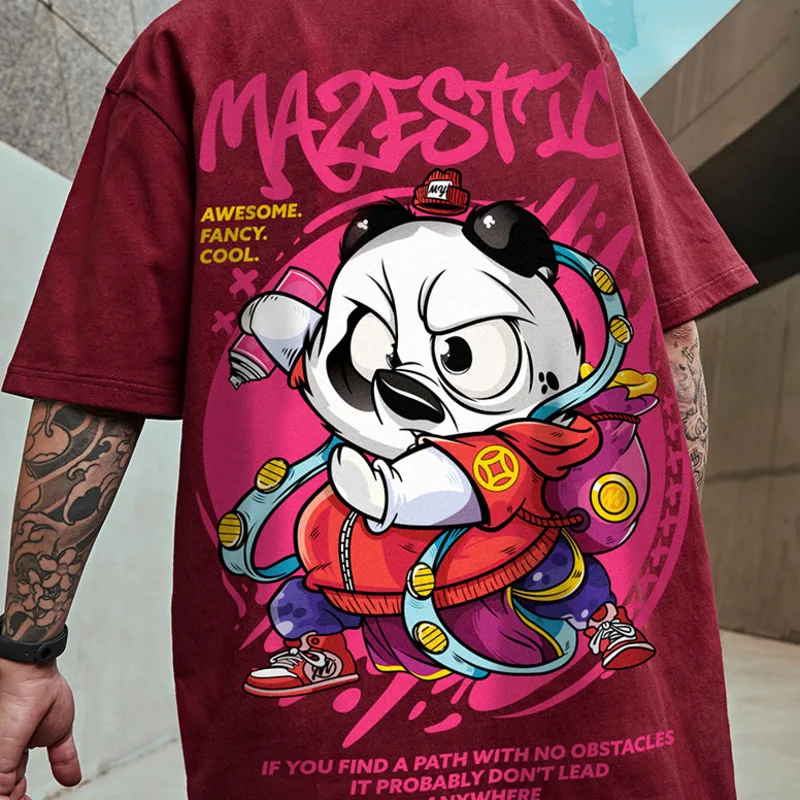 ZAZOMDE Hip Hop Men Harajuku Streetwear T-shirt Fashion Loose Men Student Print Short-sleeved Tee Letter Panda Round Neck Tshirt