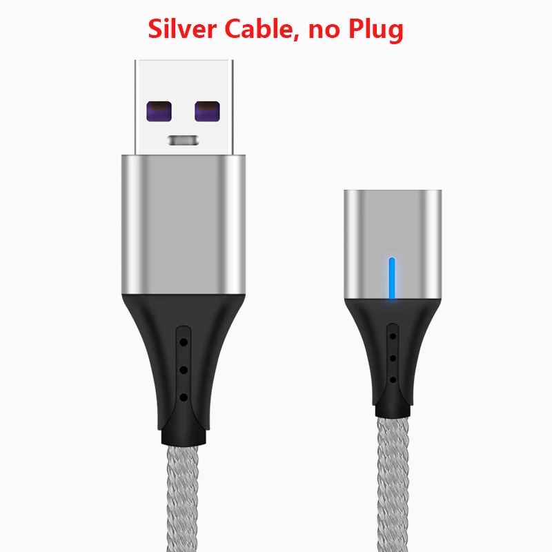 silver cable no plug 5А Магнитный кабель Micro usb type C светодиодный супер быстрый зарядный кабель для iPhone samsung huawei Xiaomi Android телефонный кабель 1 м - Цвет: silver cable no plug