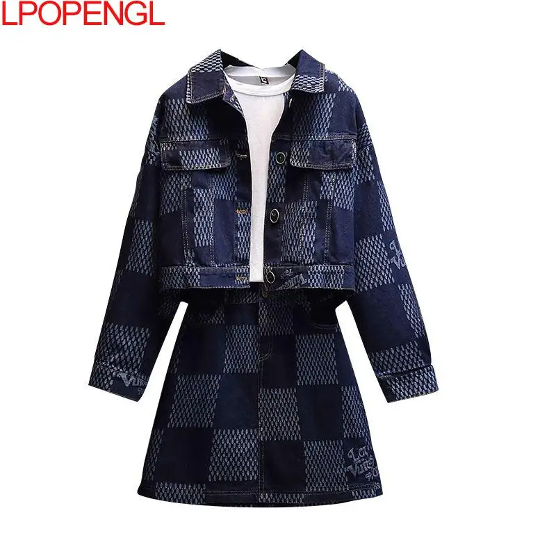 

Женский джинсовый костюм с юбкой, клетчатая мини-юбка в уличном стиле с принтом в стиле пэчворк, комплект из двух предметов, 2021