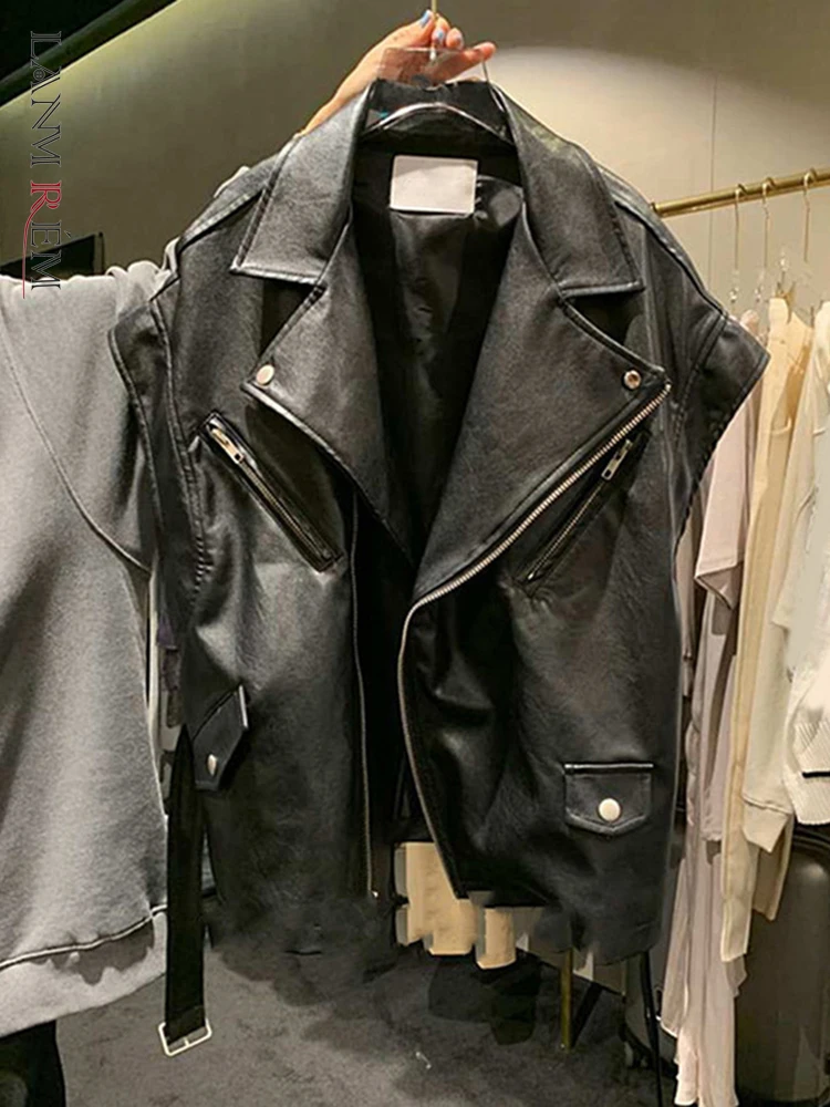 

LANMREM 2021autumn Winte New PU Leather Waistcoat Female Black Lapel Versatile Zipper Top Women Fahsion Clothing 2W1154