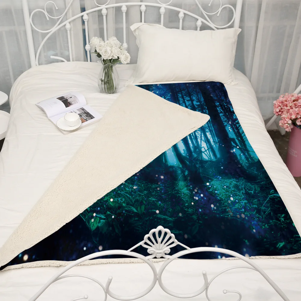 Soft Cartoon Polyester warm winter Blanket Thickened Double-layer Glamorous and dreamlike forest tree Printed | Дом и сад