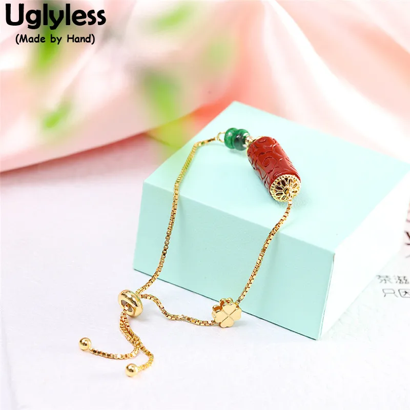 

Uglyless Gold Infinity Chains Bracelets for Women Natural Agate Charm Bracelets Real 925 Silver Ethnic Jewelry Emerald Clover