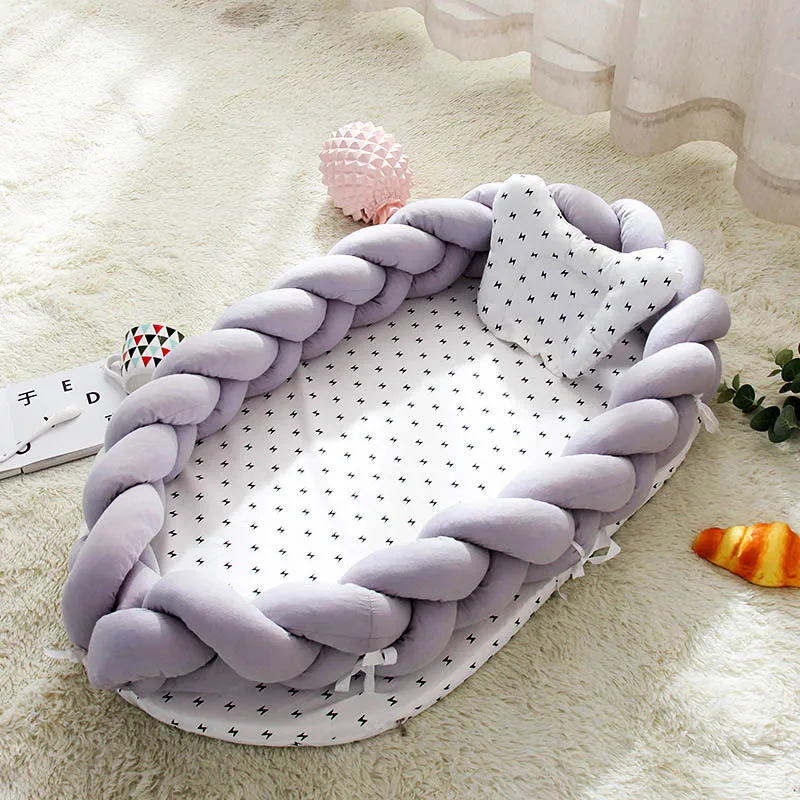 

Portable Baby Knit Crib With Pillow Newborn Sleeping Nest Playen Bed Travel Bassinet Removable 0-24months Washable And Bumper