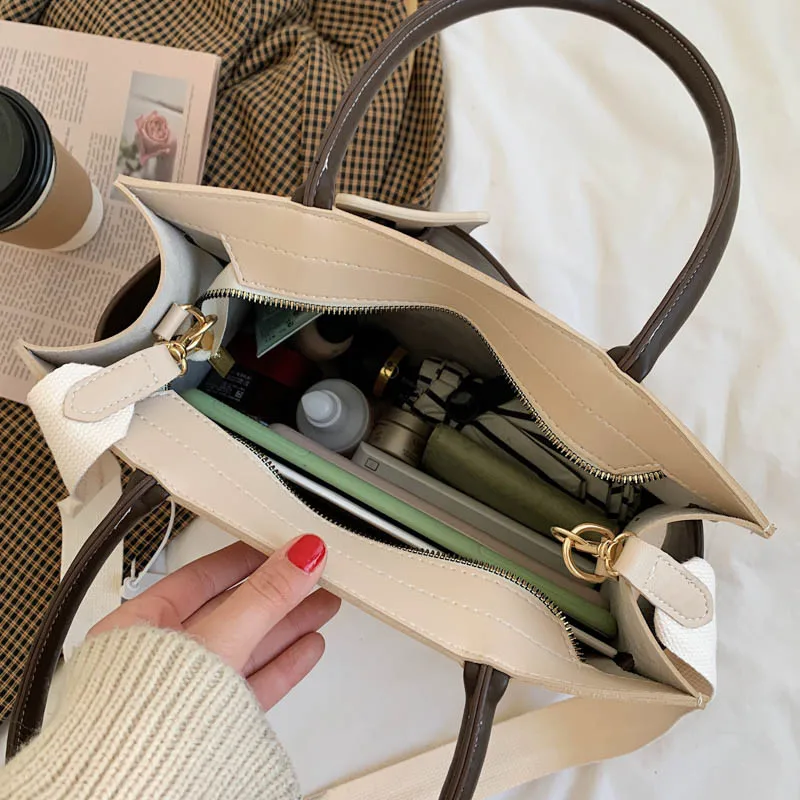 

Fashion Panelled Shopper Women's Bag Large Capacity Leather Tote Bags Contrast Crossbody Handbag Female Wide Strap Shoulder Bag