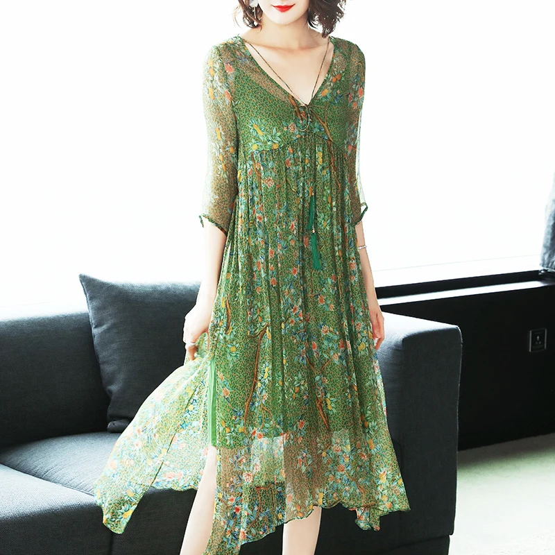Летнее платье 100% из натурального шелка женская одежда бохо цветочные платья миди