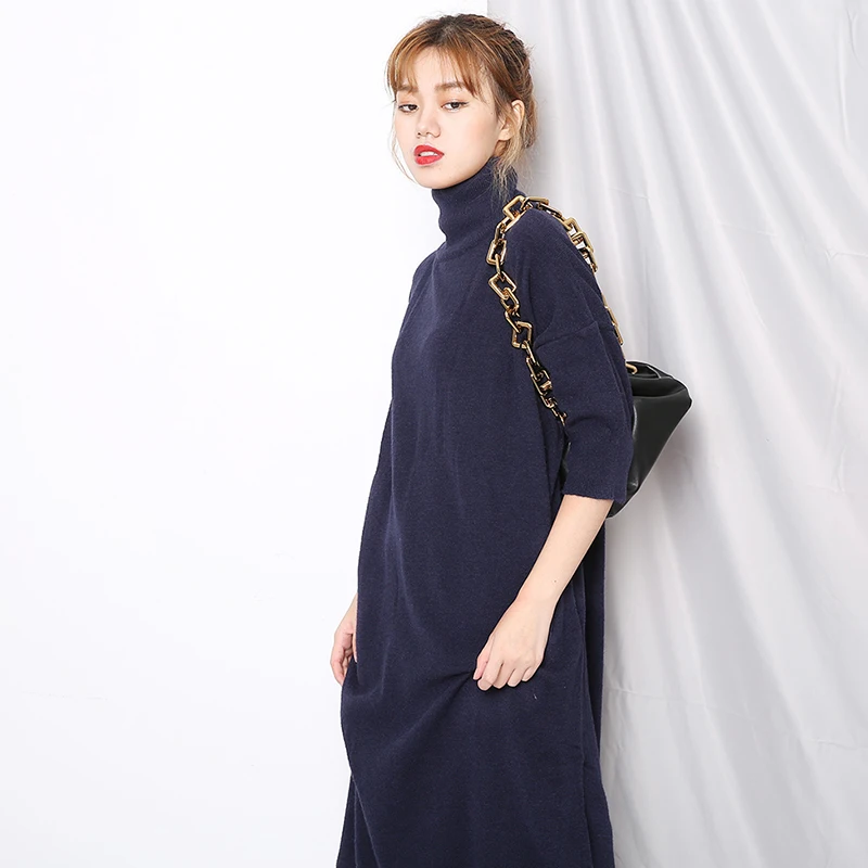 [EAM] женское синее трикотажное платье миди большого размера новая водолазка с