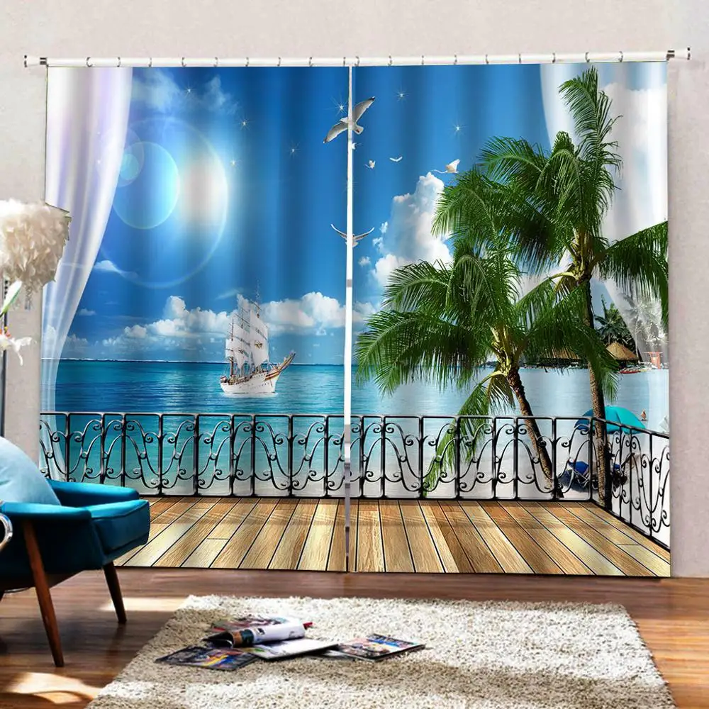 Пляжные шторы Пейзаж Природа занавес Роскошные затемненные 3D оконные занавески s