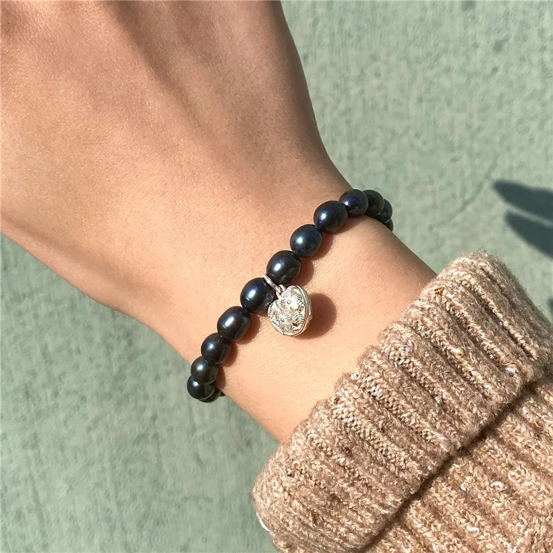 Пресноводные натуральные жемчужины черный овальный жемчуг браслеты 925 Φ для