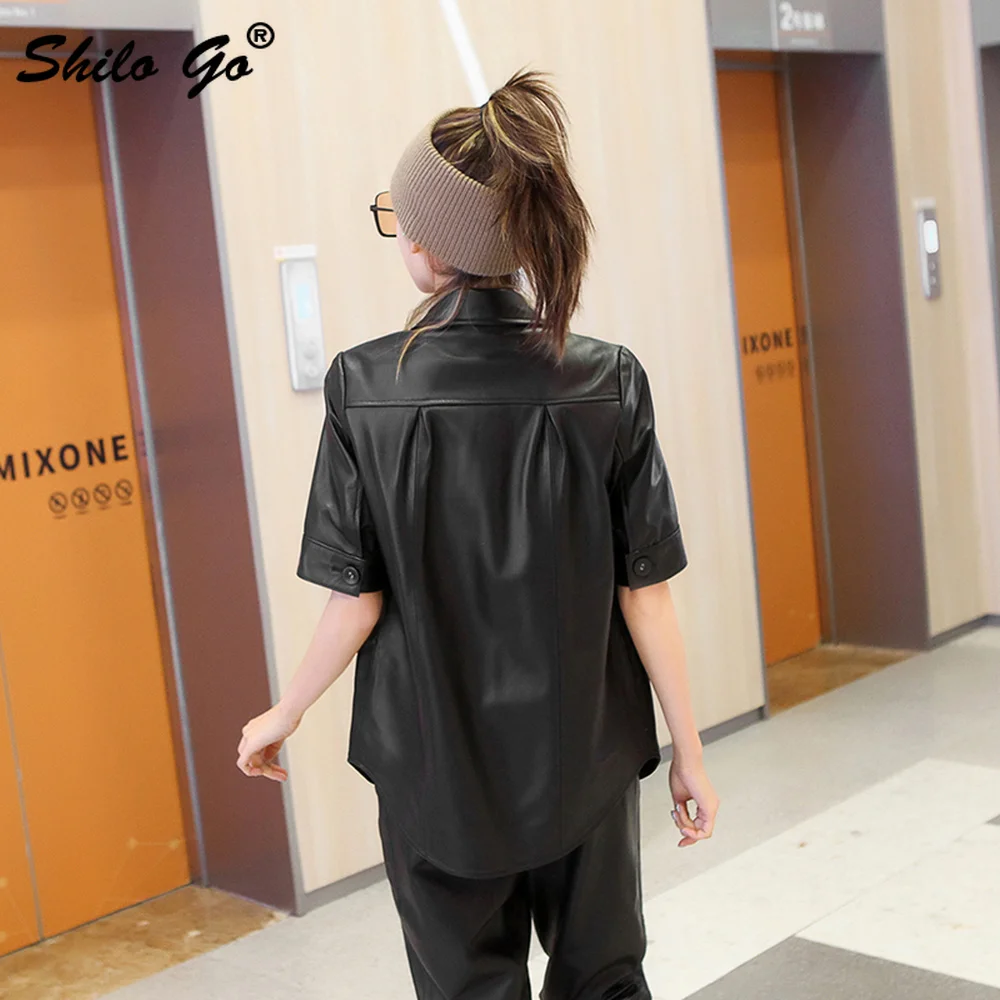 

Streetwear Peter Pan Collar Flap Pocket Short Sleeve Single Breasted Shirts Women Safari Style Sheepskin Genuine Leather Outwear