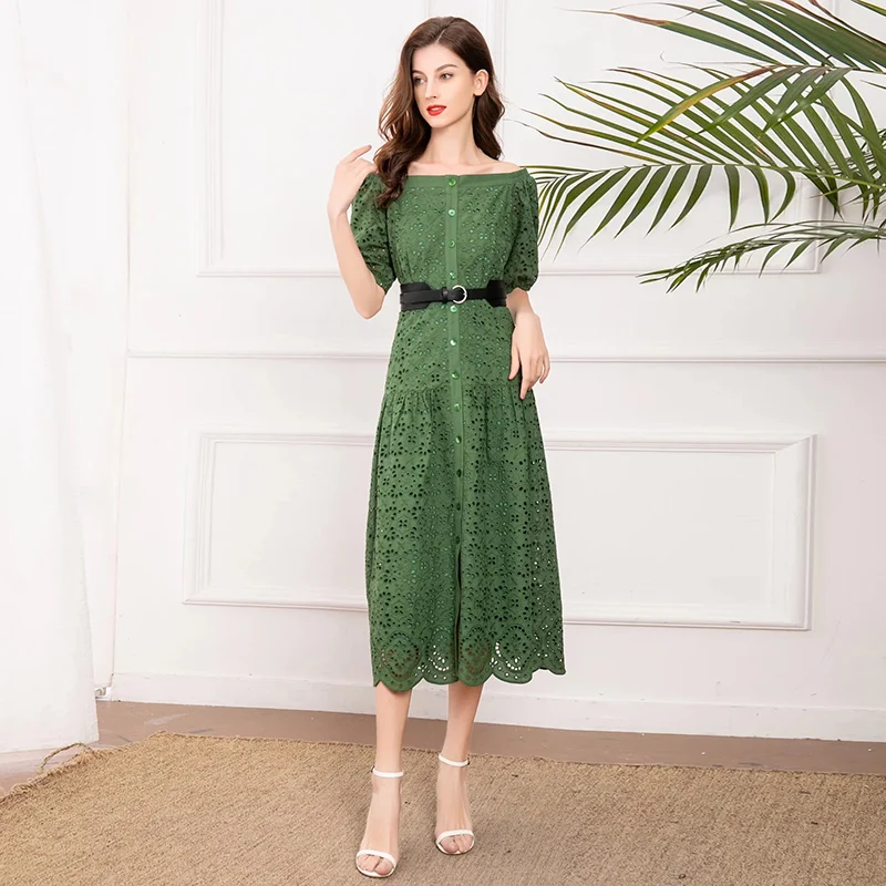 

Новинка весны 2022, женская одежда MIUXIMAO, платье с вырезом лодочкой и коротким рукавом, приталенное, с вышивкой, модное, элегантное, повседневно...