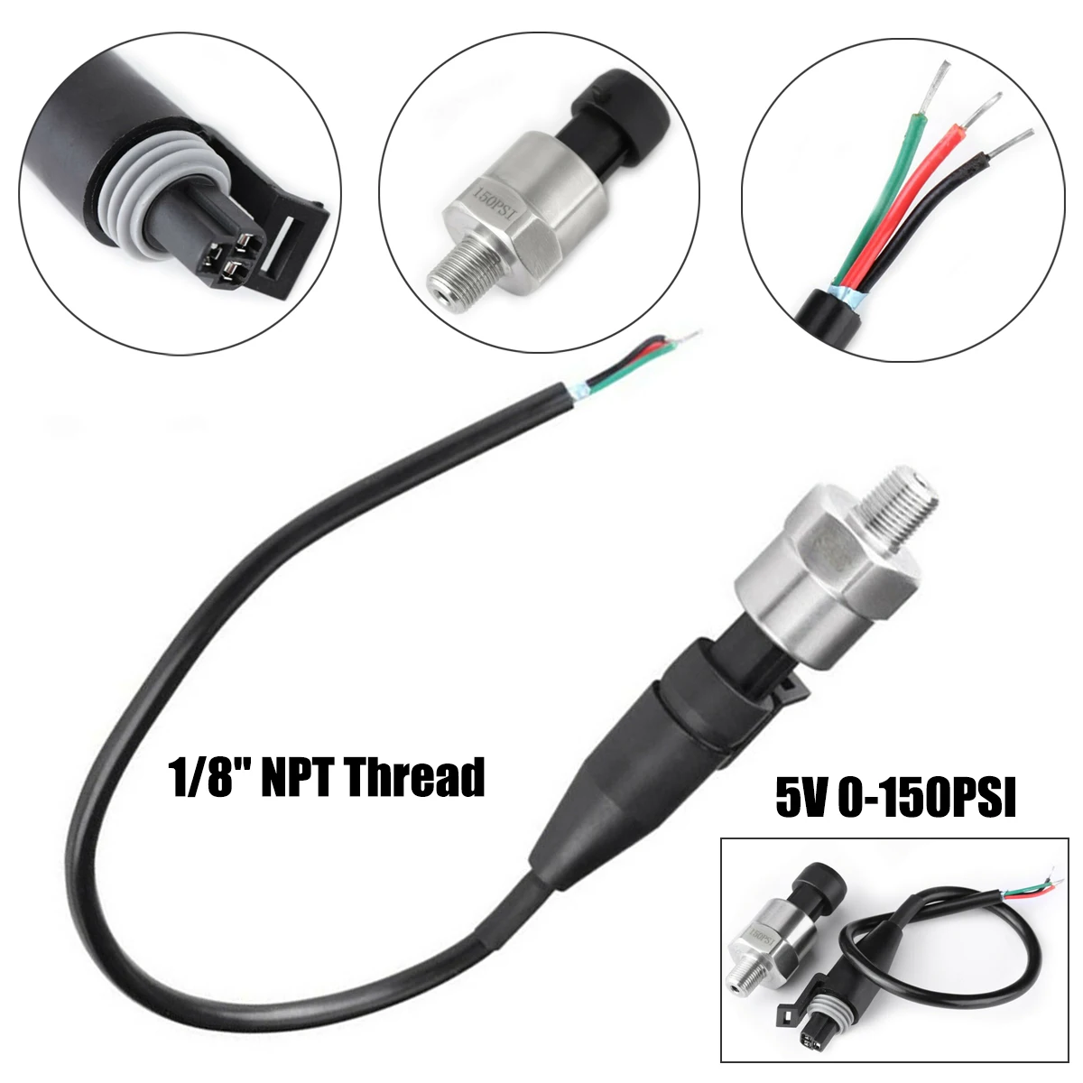 

SALE 0-150 PSI Pressure Sensor Oil Fuel Air Water Pressure Transducer 1/8 "NPT Thread DC 5V Stainless steel pressure transducer