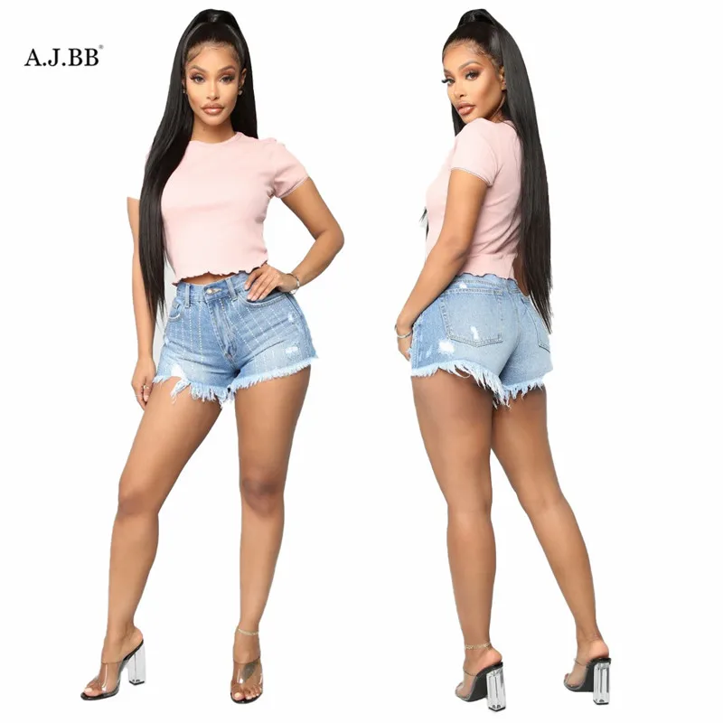 

European and American sexy solid color tassel straight hot pants fashion slim button diamond women's shorts