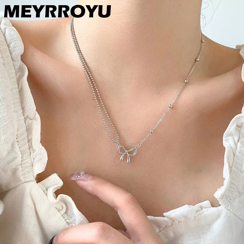 

MEYRROYU Silver Color INS Korea Style Sweet Cool Bow Chain Necklace For Women Girls Hip-hop Jewelry Accessories Cеребро 2022