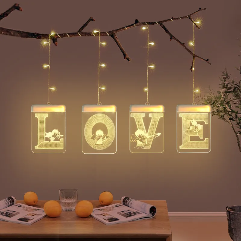 3D Acrylic Curtain LED String Light Fairy Valentine's Day Gifts Holiday Lighting LOVE Ornamnet for Home Bedroom Decoration | Освещение