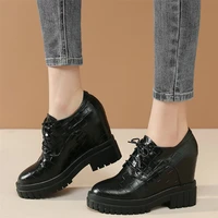 casual shoes women lace up genuine leather high heel pumps shoes female round toe platform oxfords shoes mid top ankle boots