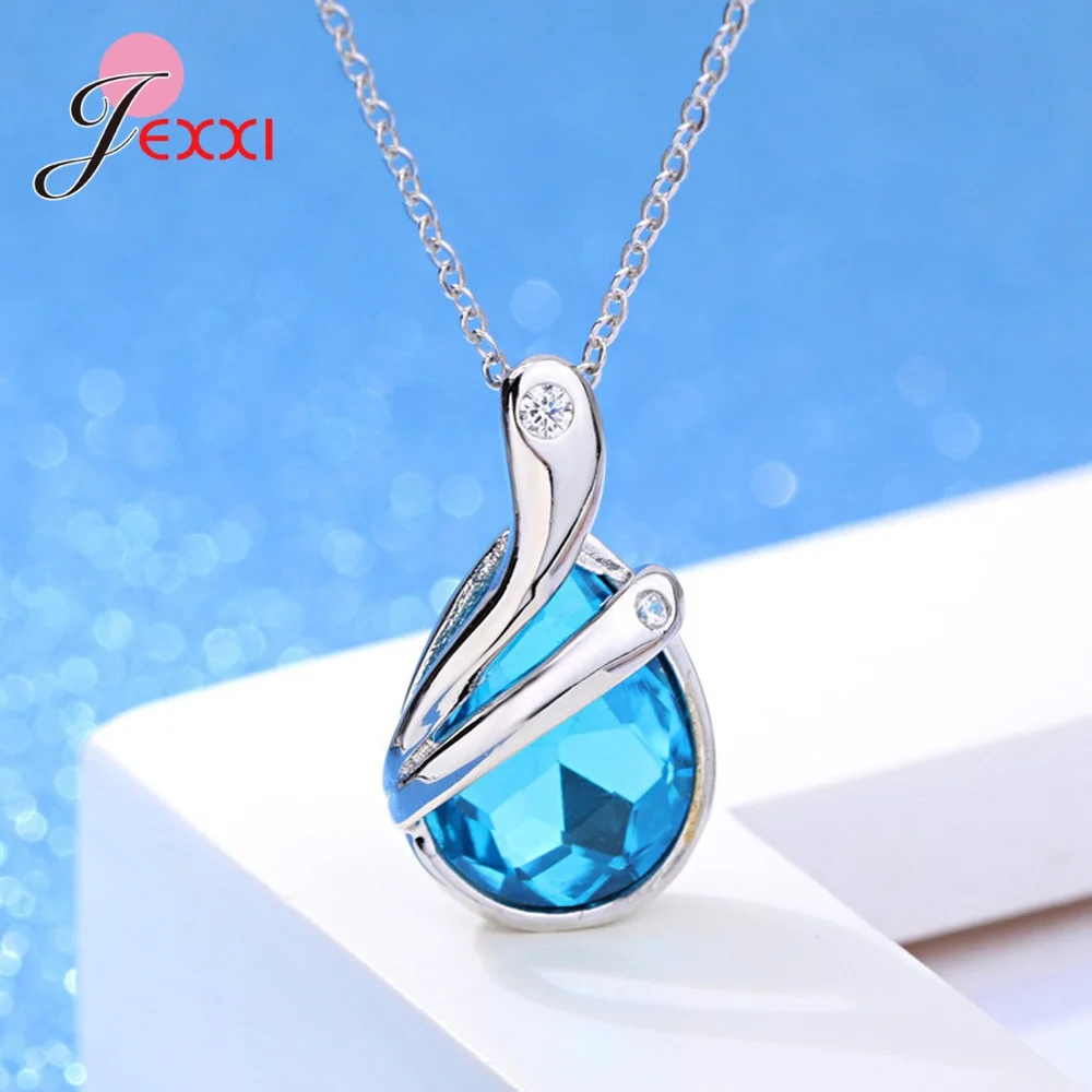 

Hot Sale S925 Silver Necklaces Sparkling Blue Cubic Zirconia Waterdrop Pendant/Chain for Wedding Engagement Party Accessories