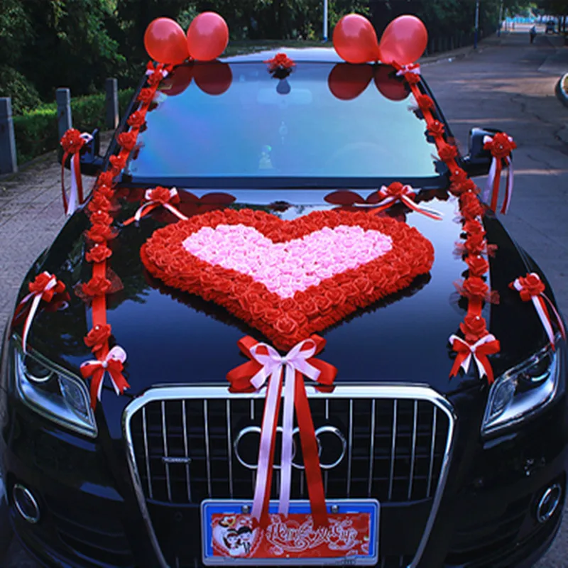 red pink Свадебный автомобиль украшение передний цветок набор большая любовь в форме сердца цветок свадебный автомобиль команда искусственный цветок украшение - Цвет: red pink