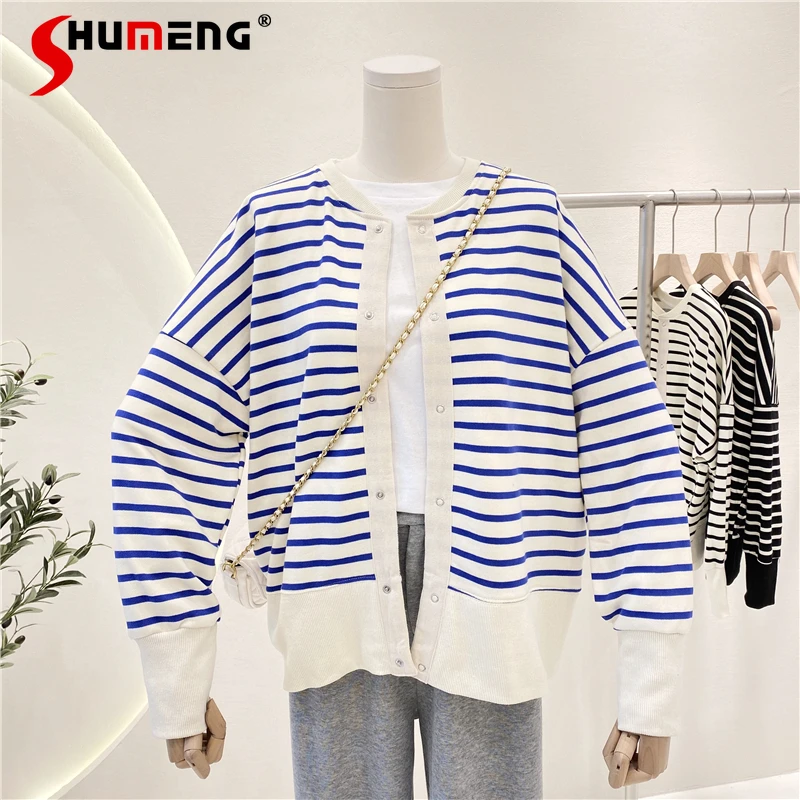 

2021 Spring Autumn New Navy Style Contrast Color Striped Loose Sweater Cardigan Women's Fashion Long Sleeve O-neck Knitted Top
