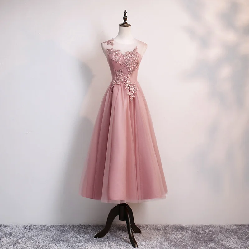Dark Pink Mid D Красота Эмили круглым вырезом с кружевными аппликациями, Платья для подружек невесты короткий рукав розовый длинное платье для Свадебная вечеринка бусины со шнуровкой сзади Vestido - Цвет: Dark Pink Mid D