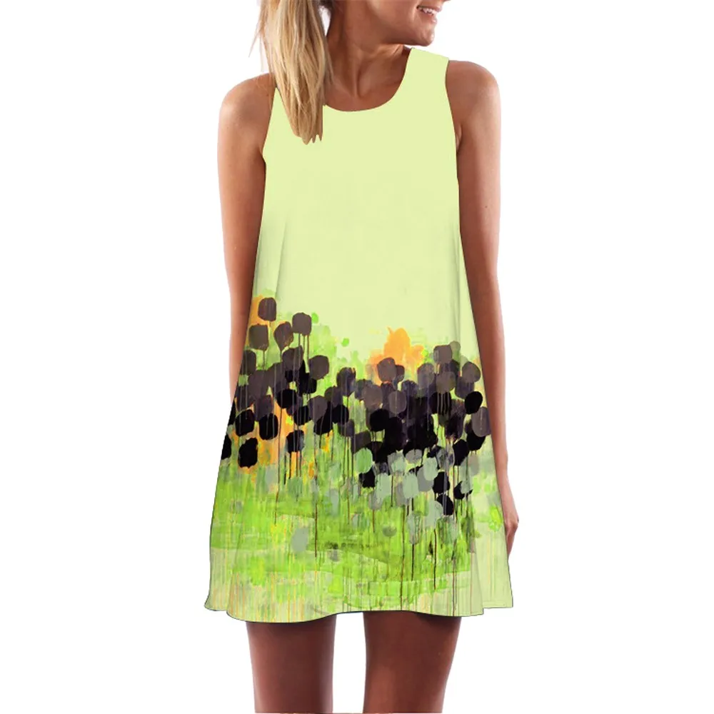Women's Dress Loose Summer Sleeveless O-Neck Vadim 3D Floral Print Bohe Mini Dresses A-Line Vestido Vestidos Jurken M01 | Женская