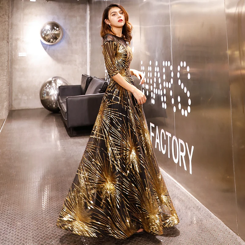 

Robe De Soiree Women Dress Gold Sequined Crystal O-Neck Black Floor-length Dinner Gowns Long Formal Dress Vestidos De Fiesta