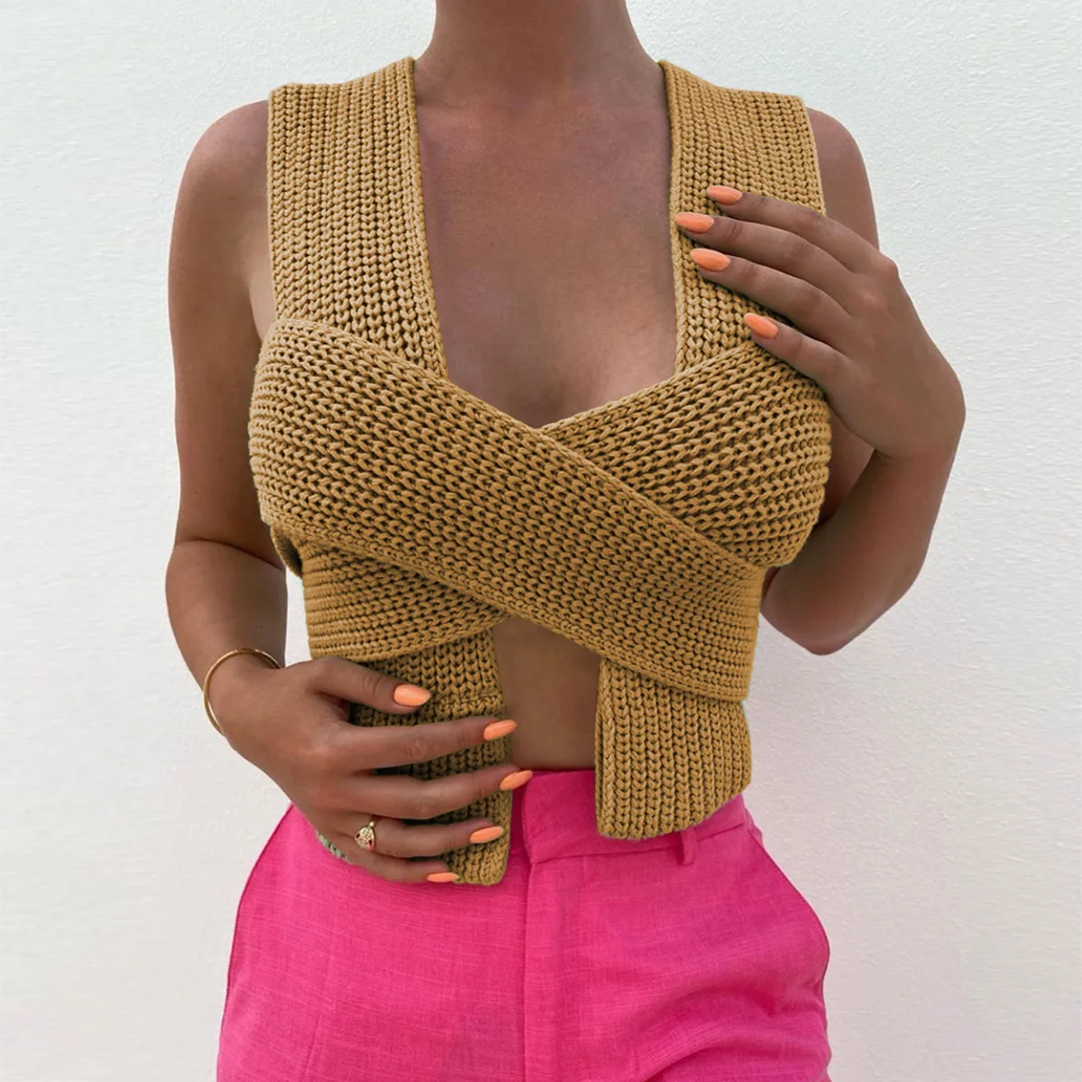 

New 2021 Sleeveless Knitted Crop Sweater Sexy Autumn Summer Fashion Vest Black Casual White Jumper Top Female Pullover Y2K