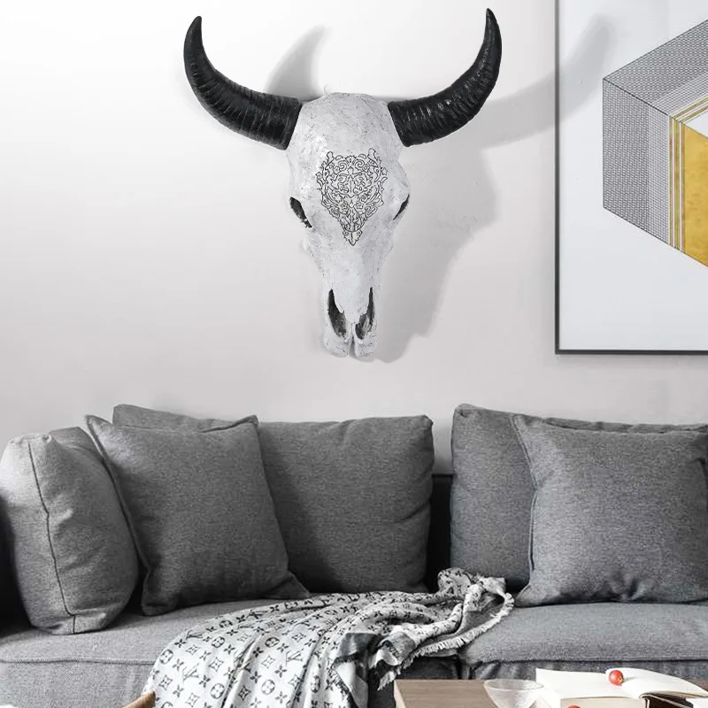 

Big Horn Cow Skull Head Wall Hanging Decoration 3D Animal Wildlife Resin Sculpture Figurines Crafts Horns For Home Ornaments