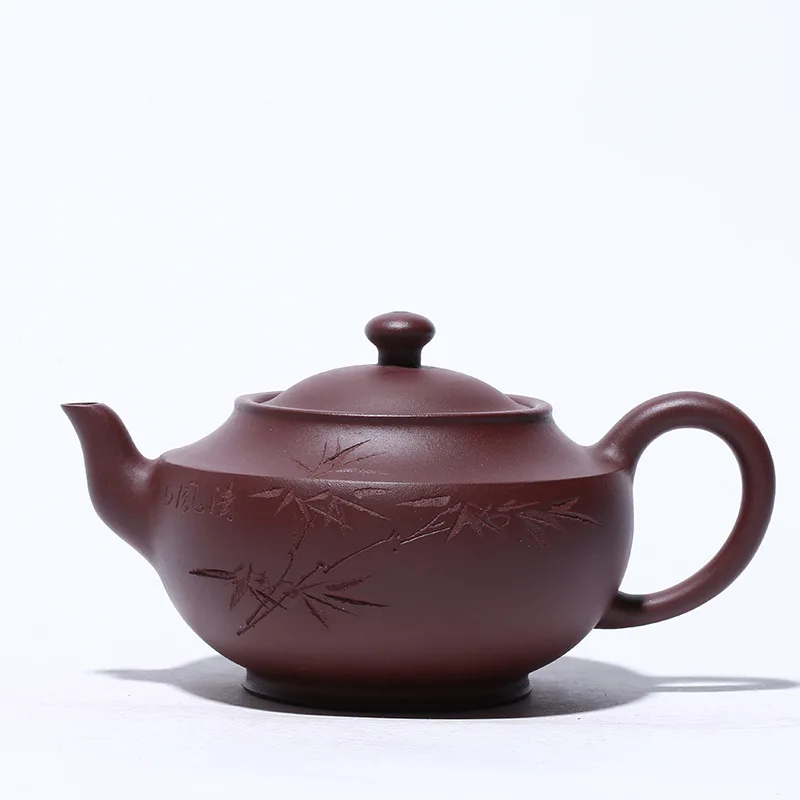 

Yixing purple clay teapot handmade gift raw material purple clay carved bamboo shadow Teapot Set