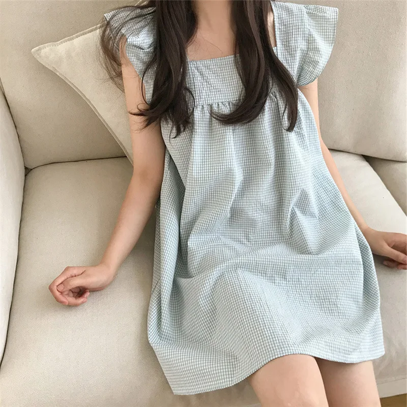 Cotton lotus edge sweet sling skirt Korean summer Plaid nightdress women lovely home dress lady nightgown Female sleepwear