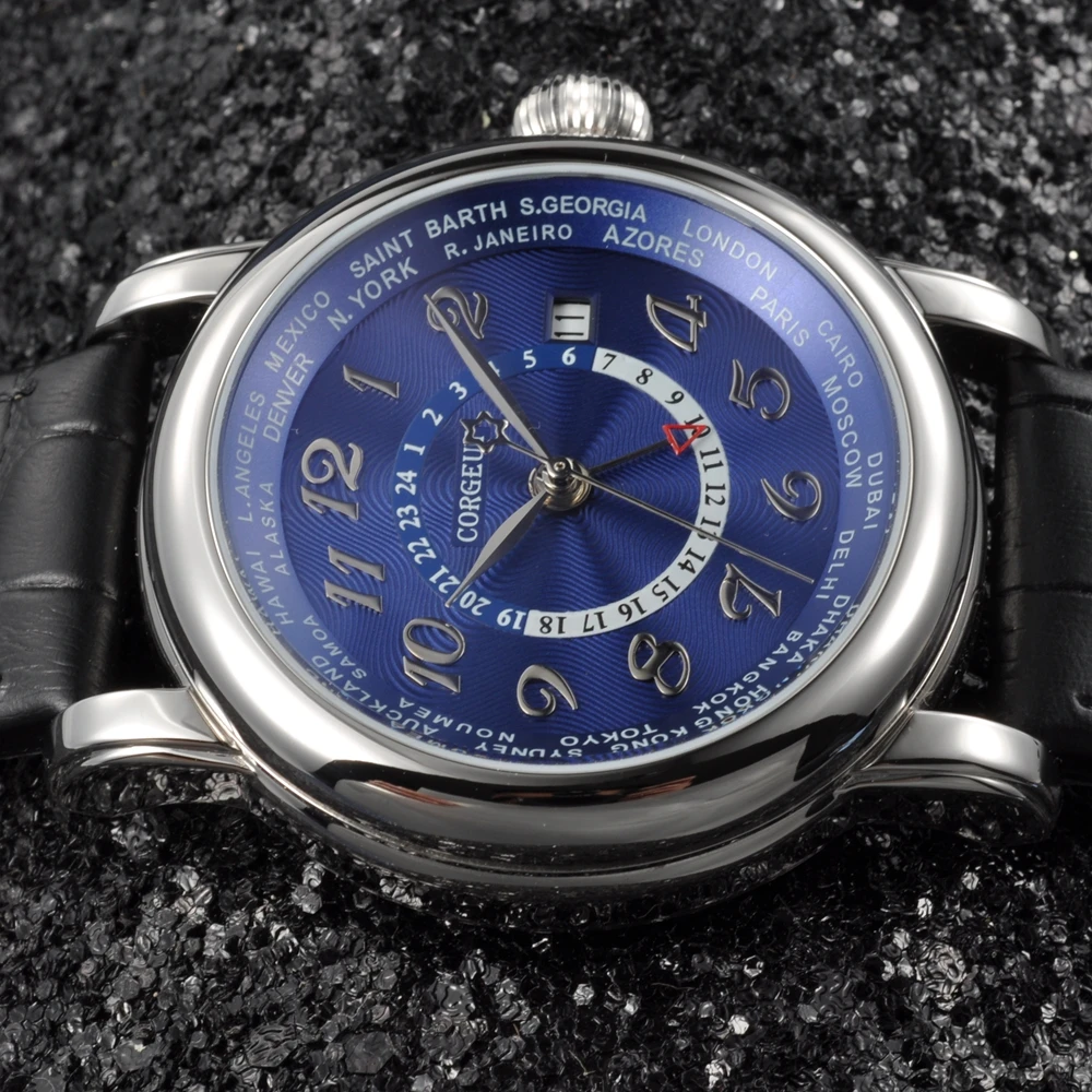 43mmCorgeut man Marchio di Lusso Orologio Meccanico Пелле di Moda Топ Doppio fuso orio GMT автоматические часы мужские желаемые часы