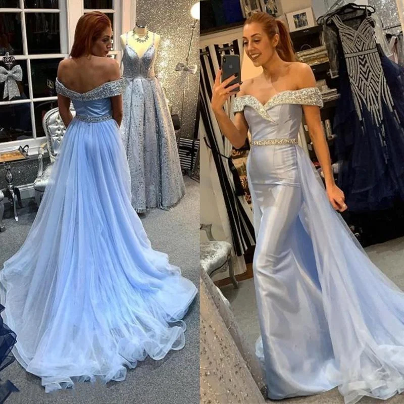 

Sparkly Crystals Beads Mermaid Evening Dresses 2021 Off Shoulder Sweep Train Formal Party Prom Gowns Custom Size Robe De Mariee