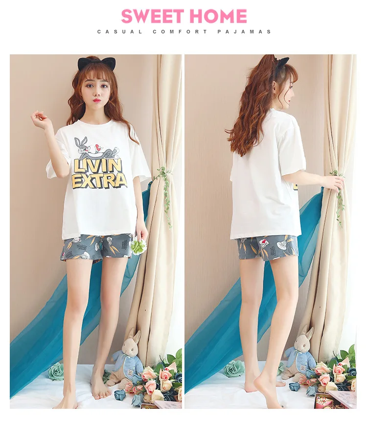 Summer women's thin section cute cartoon sleepwear shorts+ short-sleeved shirt pajamas set comfortable casual nightwear two-pie