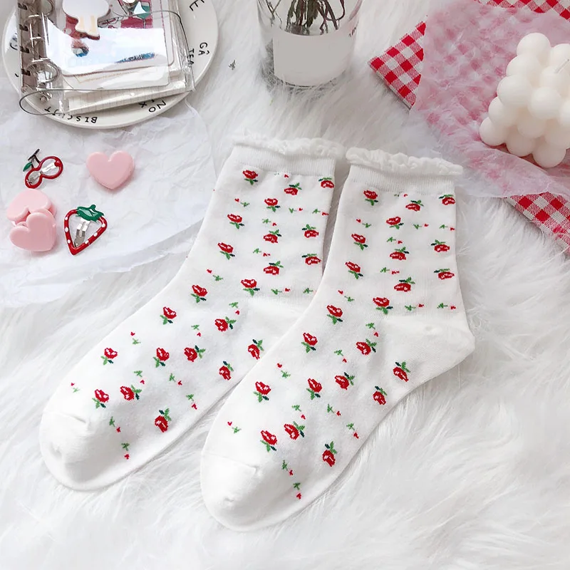 

2020 Kawaii Women Whiter Cartoon Socks Cute Flower Cotton Long Socks Harajuku Funny Korean Sock Streetwear Meias women