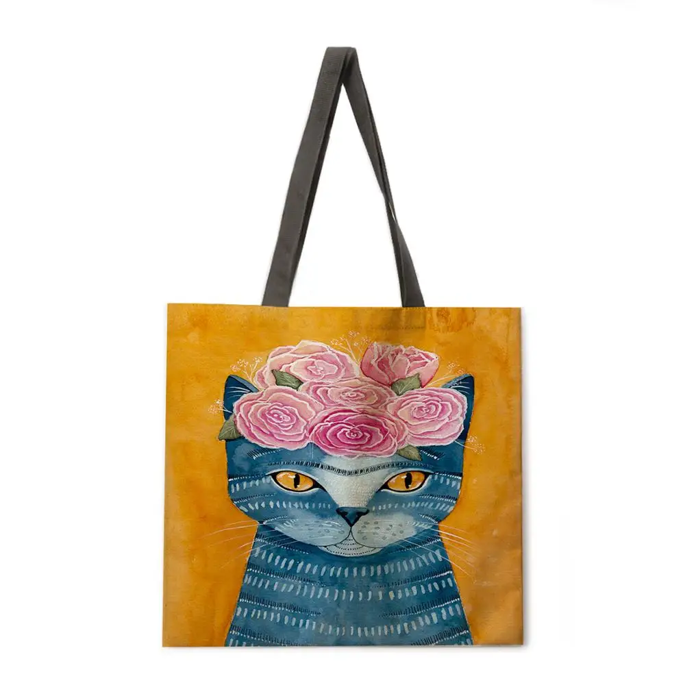 B054 Cartoon cat lady printed tote bag linen shoulder bag tote bag outdoor beach bag reusable shopping bag