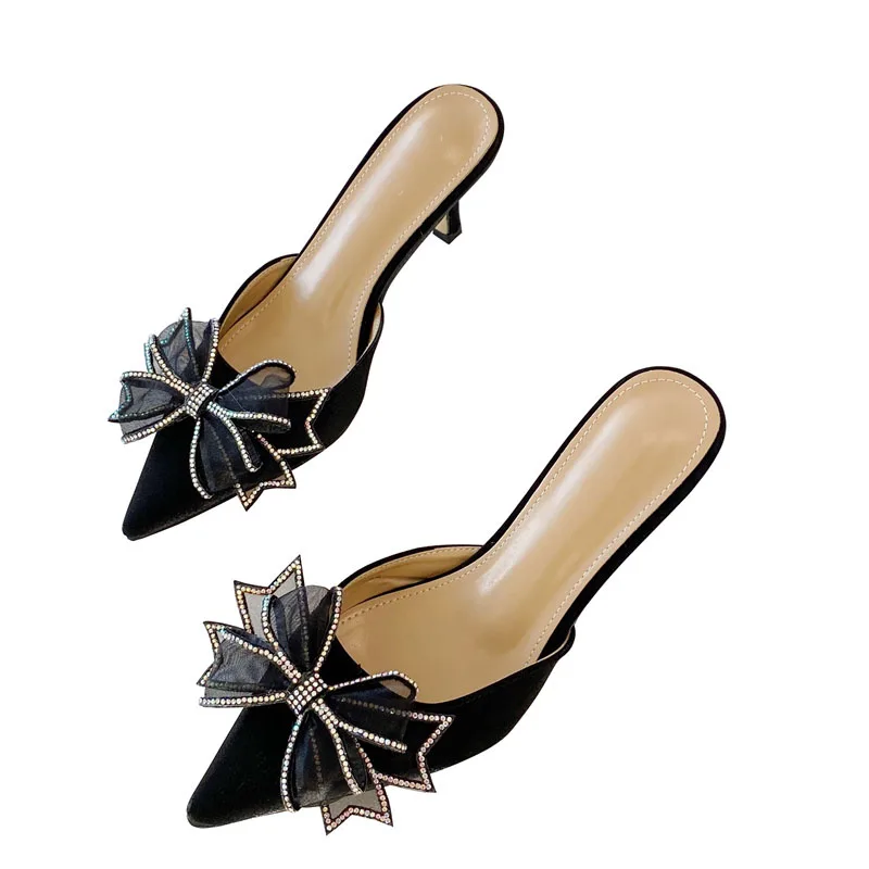

2021 New Women Slippers Fashion Pointed Toe Thin High Heels Mules Sandals Shoes For Woman Bow-Knot Female Slides Slippers Shoes