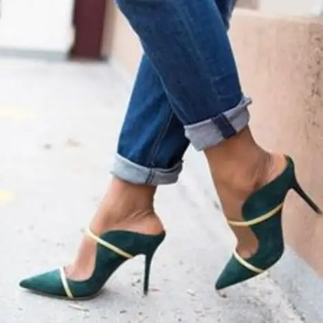 Мюли женские замшевые на высоком каблуке туфли без застежек заостренный носок