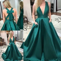hot sale graceful green satin long evening dresses with bow deep v neck puffy princess prom gowns 2020 weddings guest dress