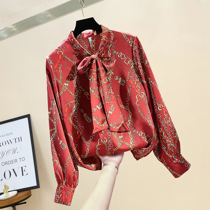 

Contrast Color Print Women Blouses 2020 Retro Stand Bow Women Long Sleeve Shirts Silky Smooth Satin Shirts Fashion Women Tops