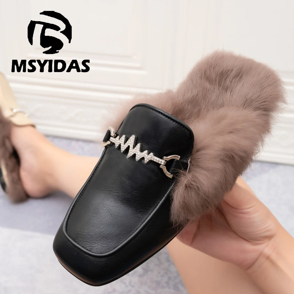

Fashion Women Slippers Fur Flats half Slippers Soft Bottom Mulers Metal buckle Women Shoes Plus Size