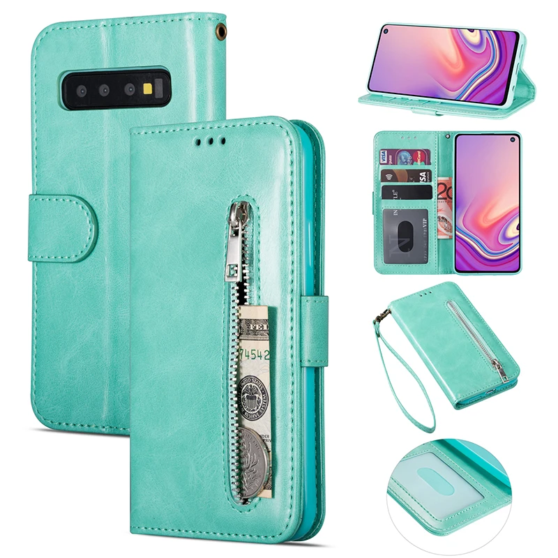 Mint Green Кожаный флип-кошелек A50 A70 A10 A20 E A30 A40 чехлы на молнии для samsung Galaxy S9 Plus S8 S10 S7 S6 Edge Note 10+ 8 9 чехол Mujer - Цвет: Mint Green