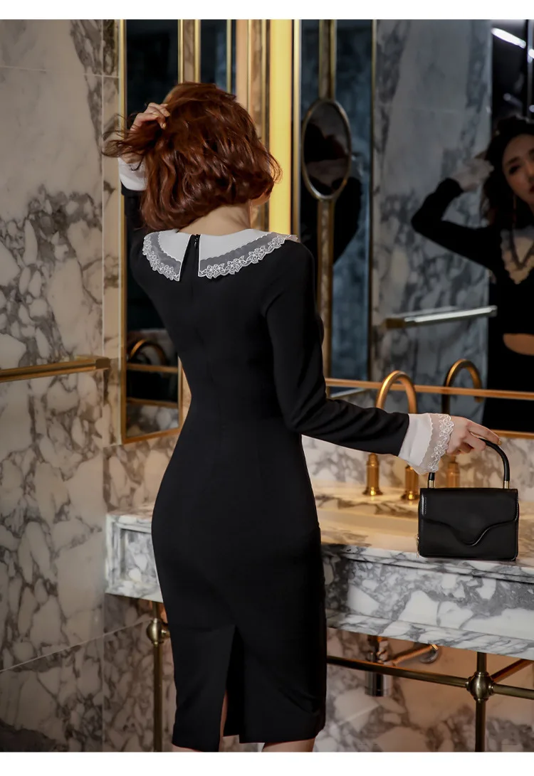 

Knee Length Black Dress Cocktail Dresses Sexy Cut Out Lace Collar Long Sleeve Party Dresses Vestidos Coctel Robe De Cocktail