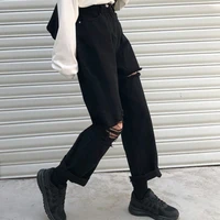 vintage loose jeans black straight wide leg jeans high waist ripped jeans for women knee ripped pants mom jeans boyfriends
