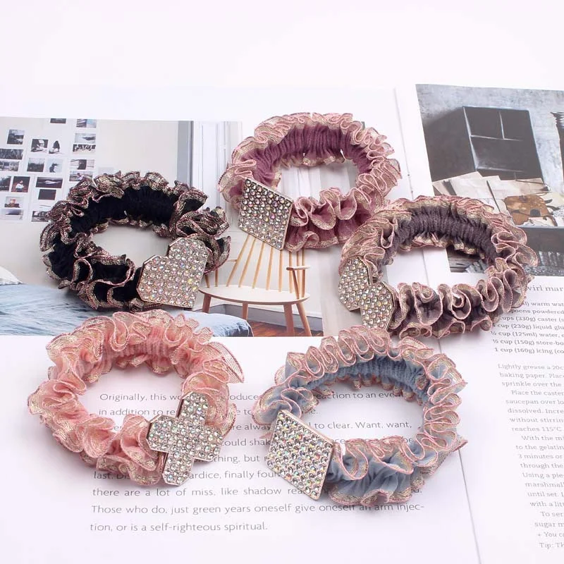 

1PCS Fashion women's Korean Lace Hair Rope Rubber Band Diamond Temperament Wide Head Rope INS Net Red Ponytail Hair Accessories