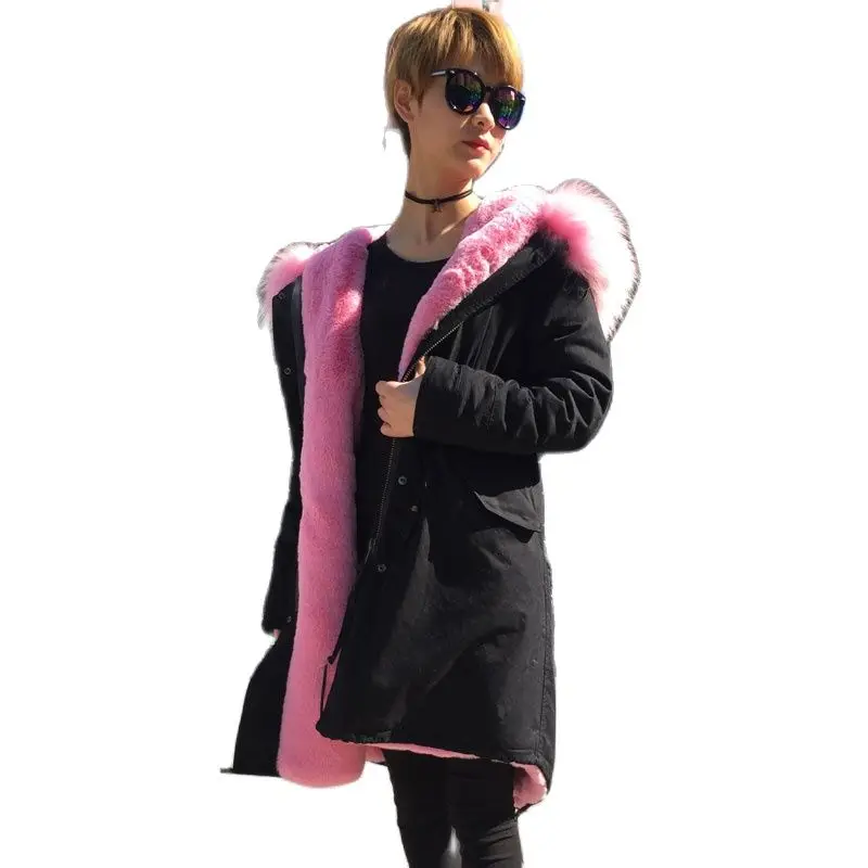 Новое поступление 2017 черная длинная меховая парка Повседневная теплая зимняя