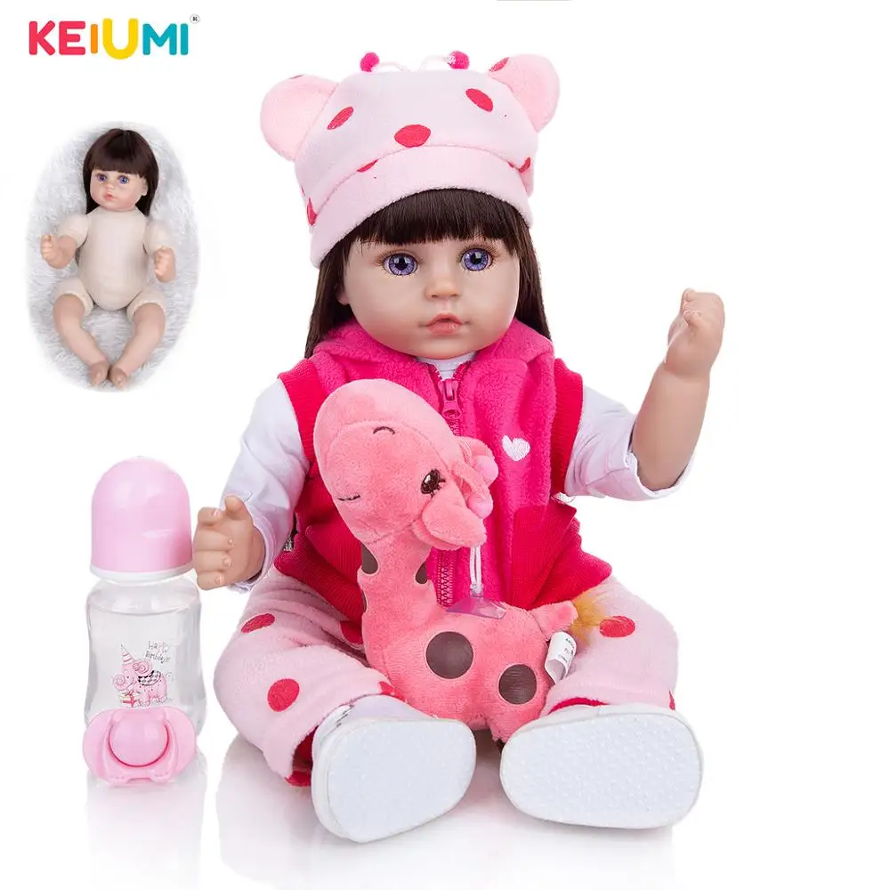 Силиконовые куклы Новорожденные KEIUMI, 18 дюймов, с длинными коричневыми волосами, детские игрушки-подушки для девочек, малышей, подарки для малышей - изображение