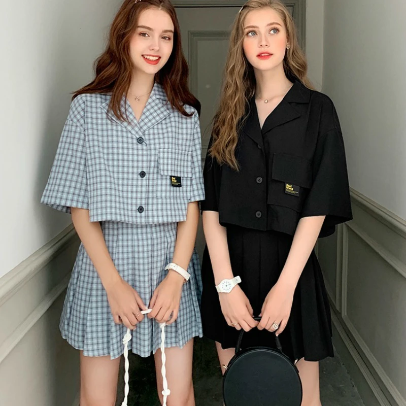 Женские летние комплекты в стиле Харадзюку клетчатая рубашка с коротким рукавом