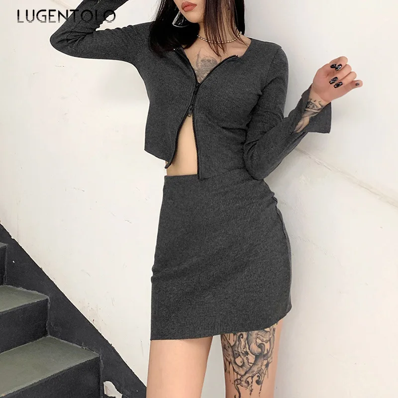

Lugentolo Autumn Winter 2 Piece Set Women Sexy Long Sleeve Zipper Cardigan Tops Solid High Waist Mini Skirt Female Casual Sets