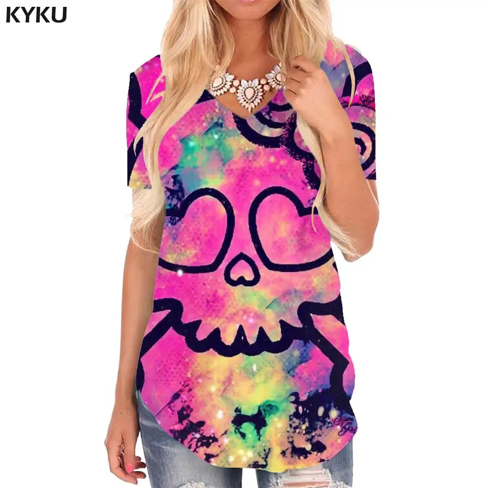 

KYKU Skull T Shirt Women Skeleton V-neck Tshirt Kawaii Funny T shirts Colorful Shirt Print Graffiti T-shirts 3d Womens Clothing