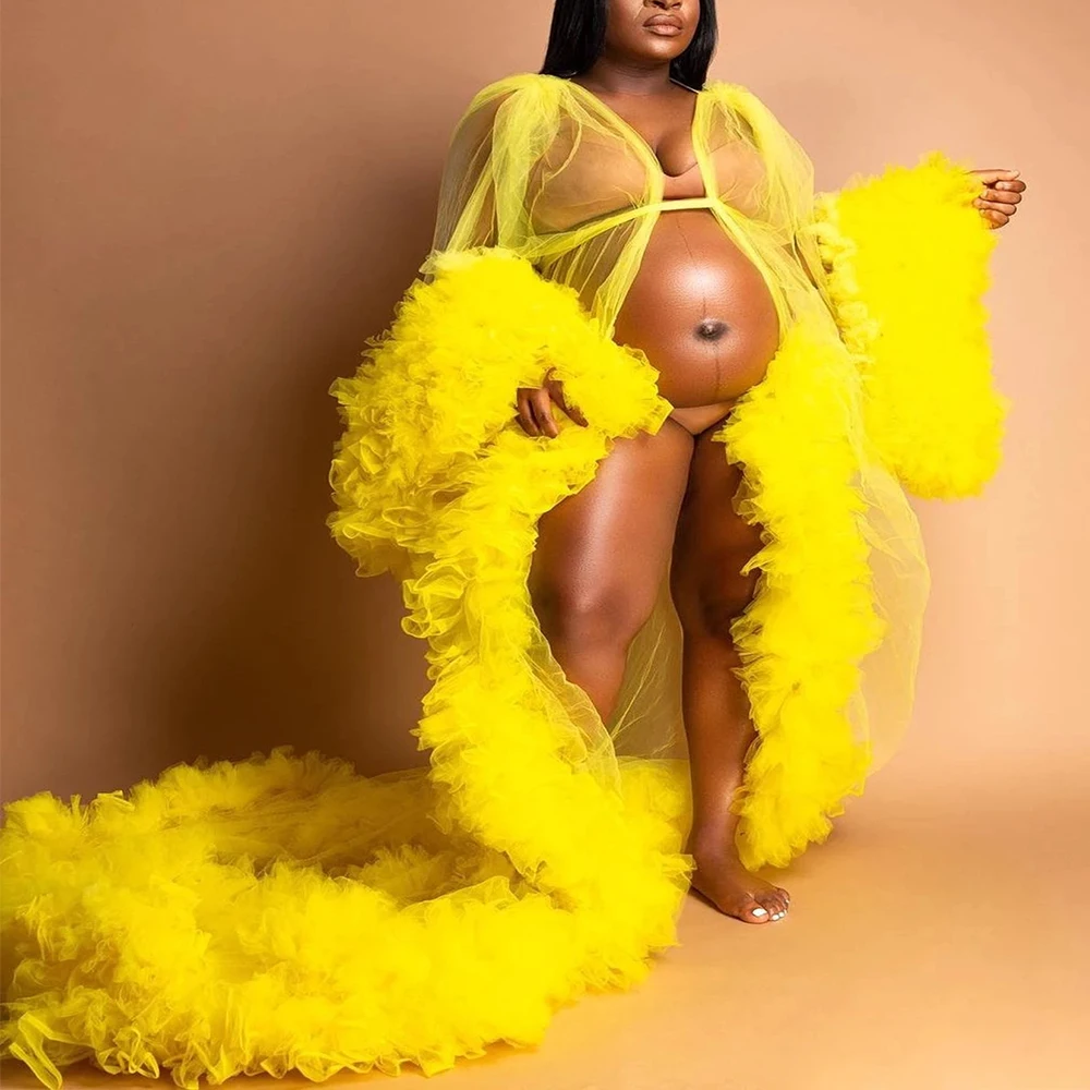

Ярко-желтый беременных женское платье пикантные фотография халаты пижамы вечернее платье с оборками многослойное платье халат для сна Femme ...